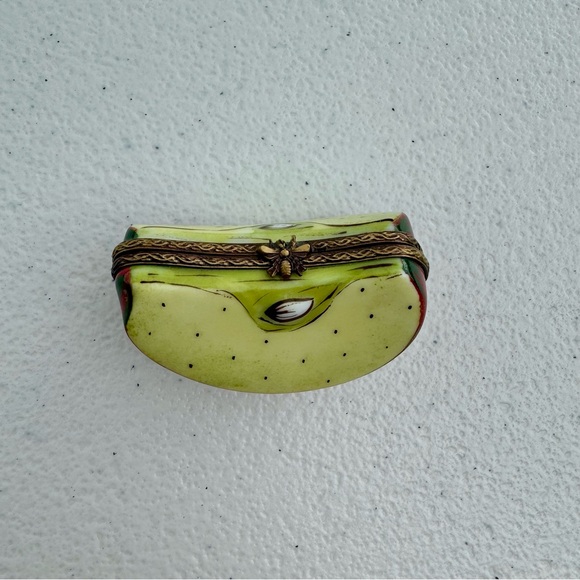 Limoges Other - Limoges France Peint Main Signed Trinket Box Red Apple Slice with Bee Clasp
